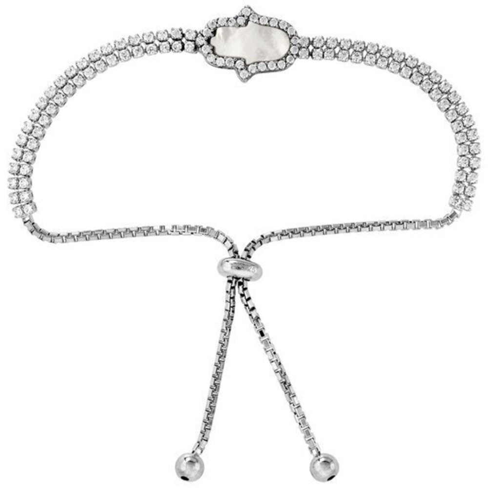 Sterling Silver Cubic Zirconia Adjustable Hamsa Bracelet Women Mother of Pearl